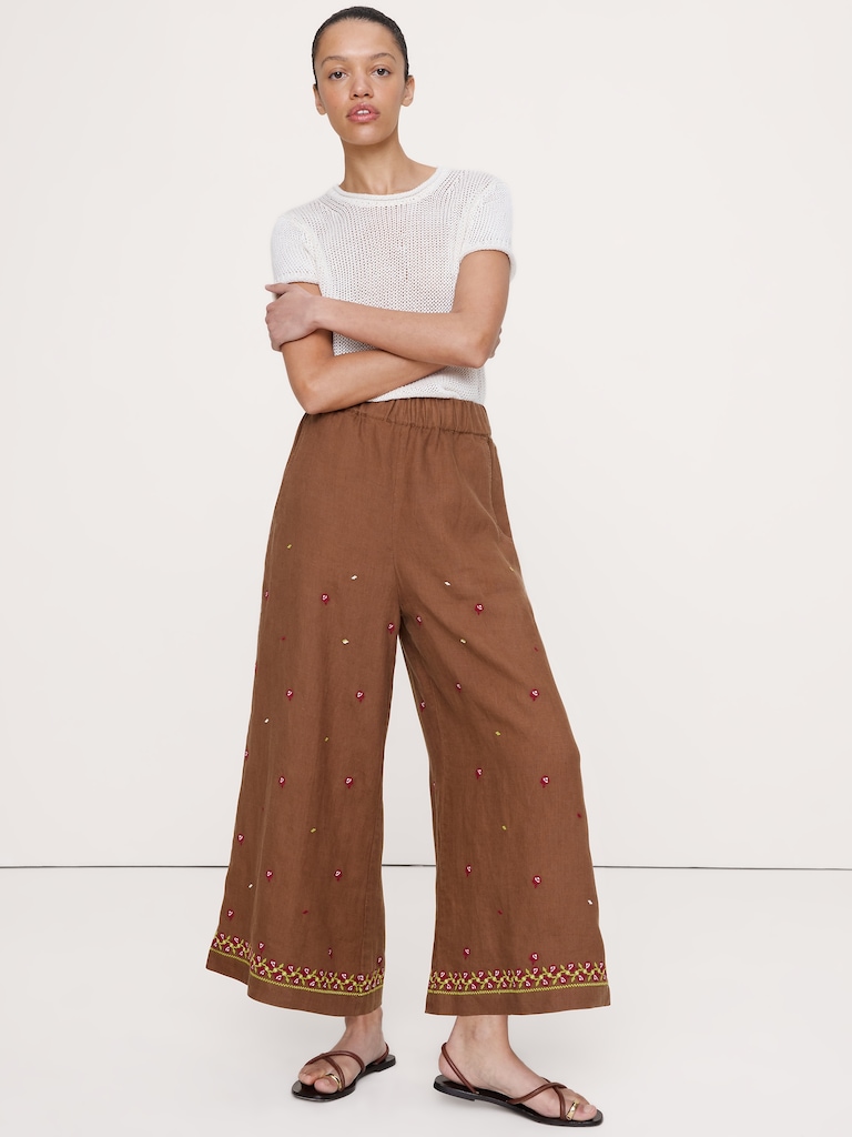 The Pull-On Wide-Leg Ankle Pant in Embroidered Linen