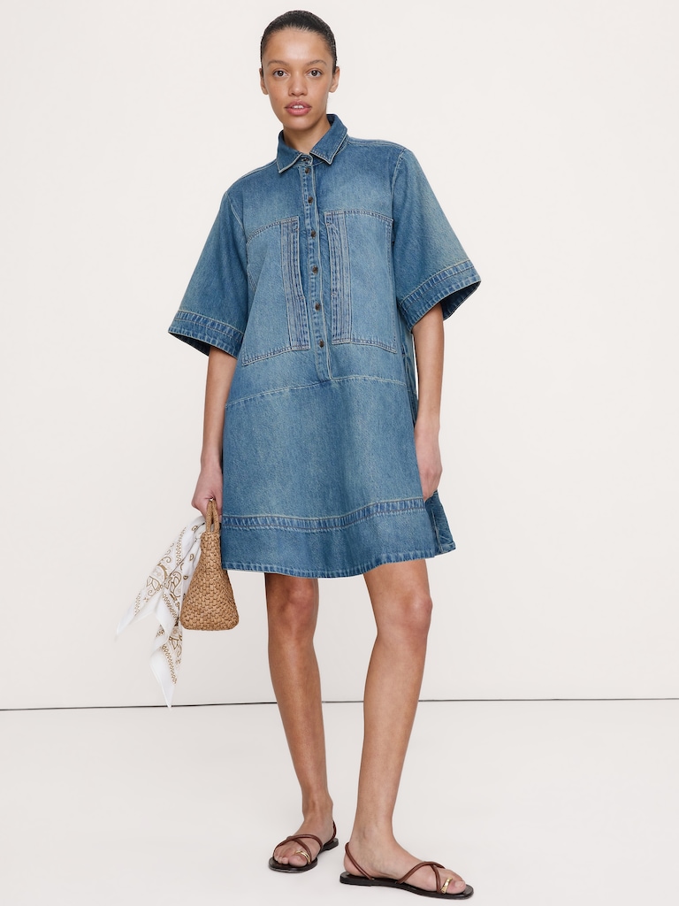 Denim Trapeze Mini Shirt Dress