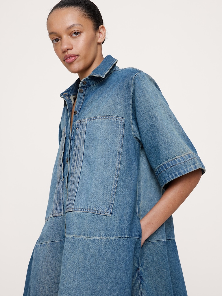 Denim Trapeze Mini Shirt Dress