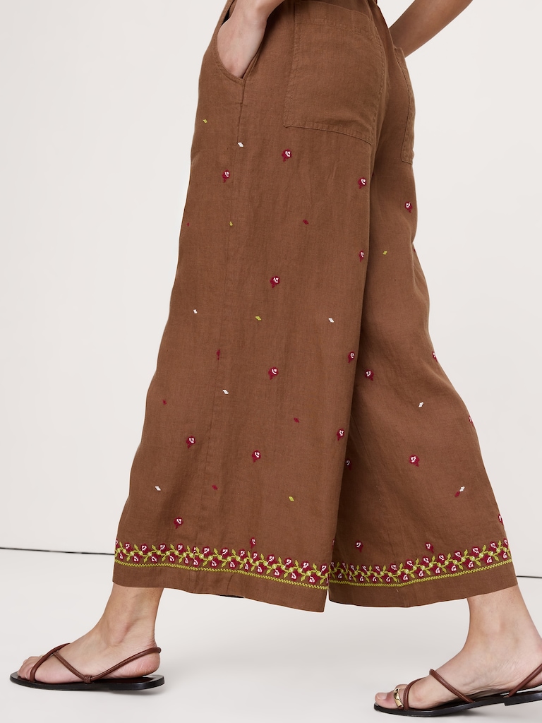 The Pull-On Wide-Leg Ankle Pant in Embroidered Linen