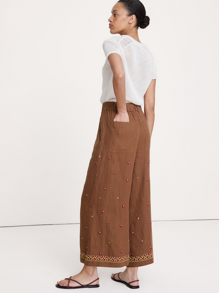 The Pull-On Wide-Leg Ankle Pant in Embroidered Linen