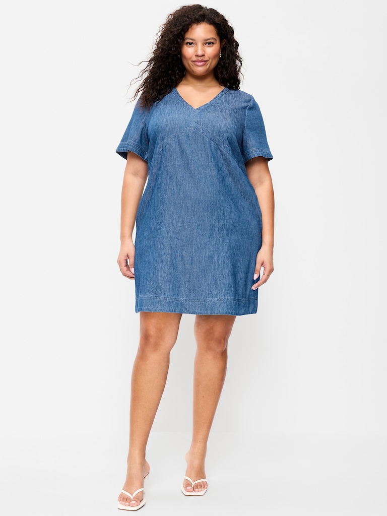 Short-Sleeve Denim Mini Shift Dress