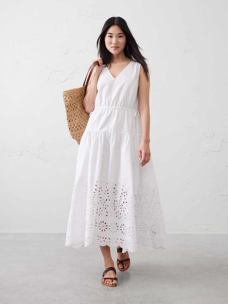 Poplin Eyelet-Hem Midi Dress