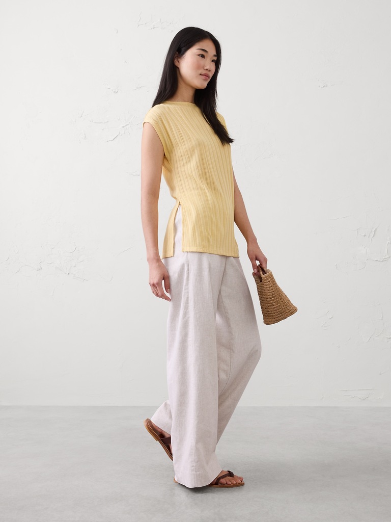 Sheer Ribbed Straight-Neck Top