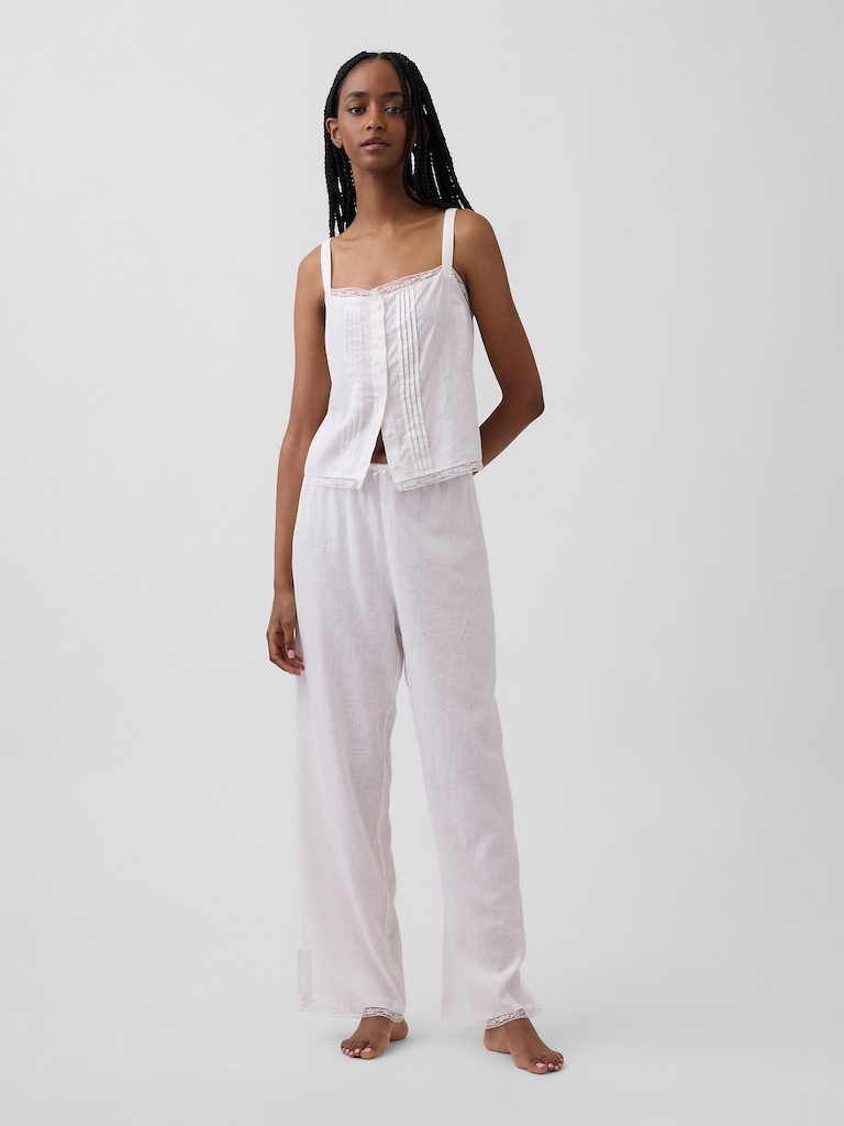 Linen-Blend Pintuck Crop PJ Tank Top