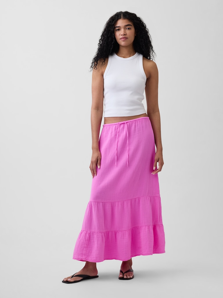 High Rise Cotton Gauze Easy Tiered Maxi Skirt