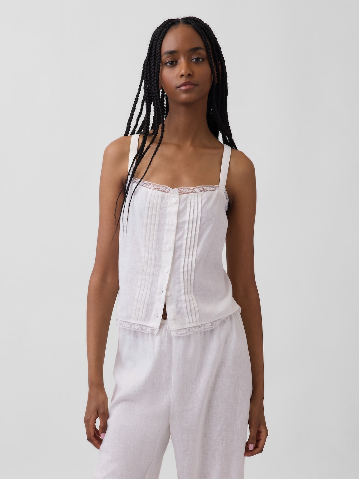 Linen-Blend Pintuck Crop PJ Tank Top