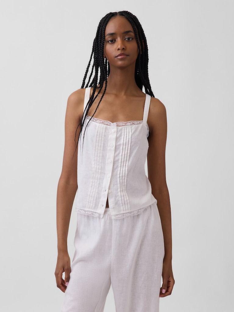 Linen-Blend Pintuck Crop PJ Tank Top