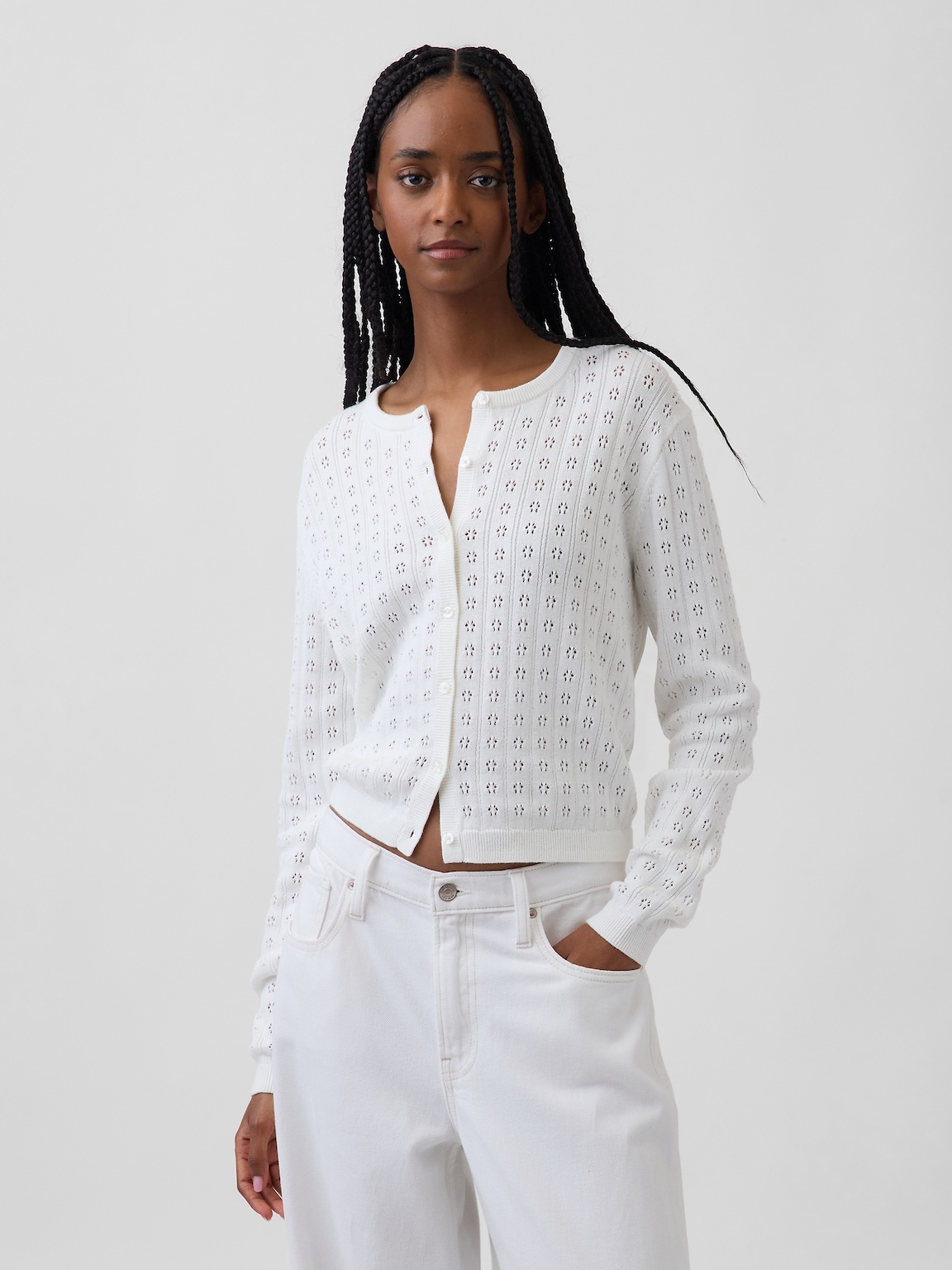 100% Cotton Pointelle Crop Cardigan