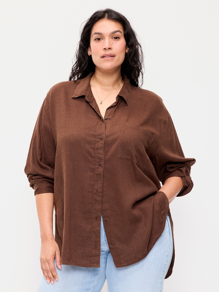 Linen-Blend Loose Button-Down Shirt