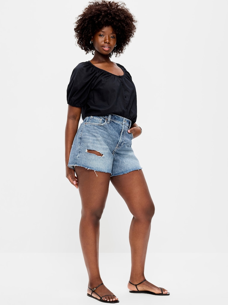 Curvy High-Waisted Baggy Jean Cut-Off Shorts -- 5-inch inseam