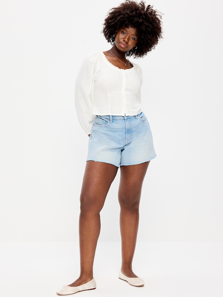 Curvy High-Waisted Baggy Jean Cut-Off Shorts -- 5-inch inseam