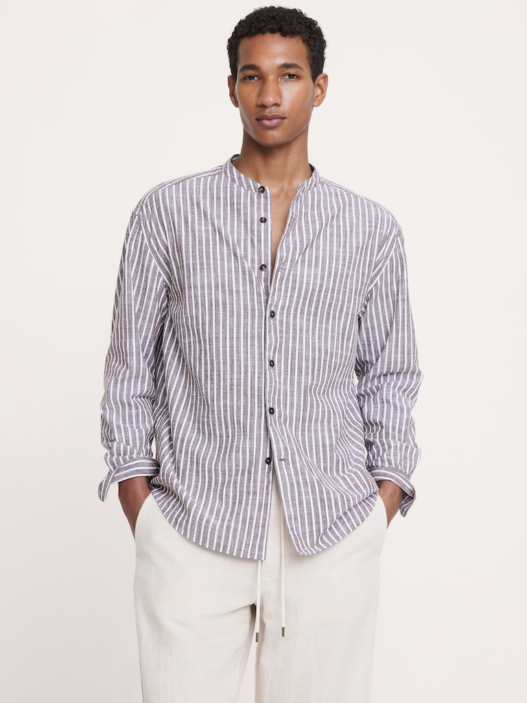 Relaxed-Fit Cotton-Slub Banded-Collar Shirt
