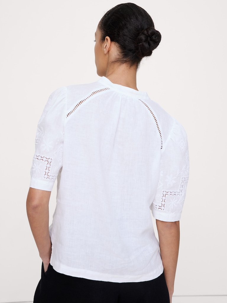 Embroidered Linen Puff-Sleeve Top