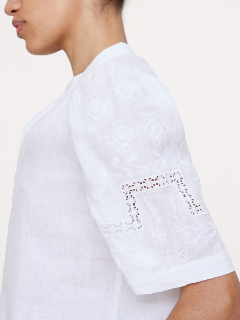 Embroidered Linen Puff-Sleeve Top