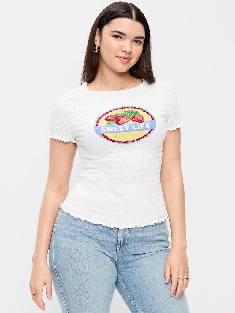 Slit-Neck Smocked Graphic Top