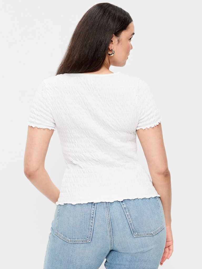 Slit-Neck Smocked Graphic Top