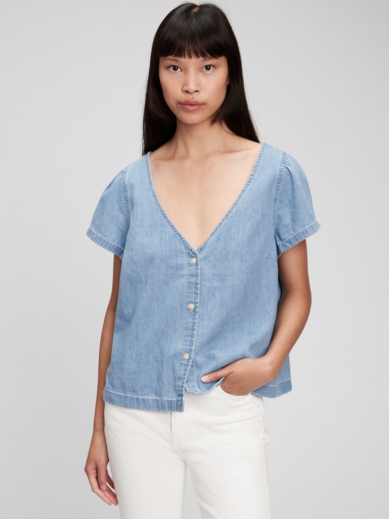 Denim V-Neck Button-Front Shirt with Washwell