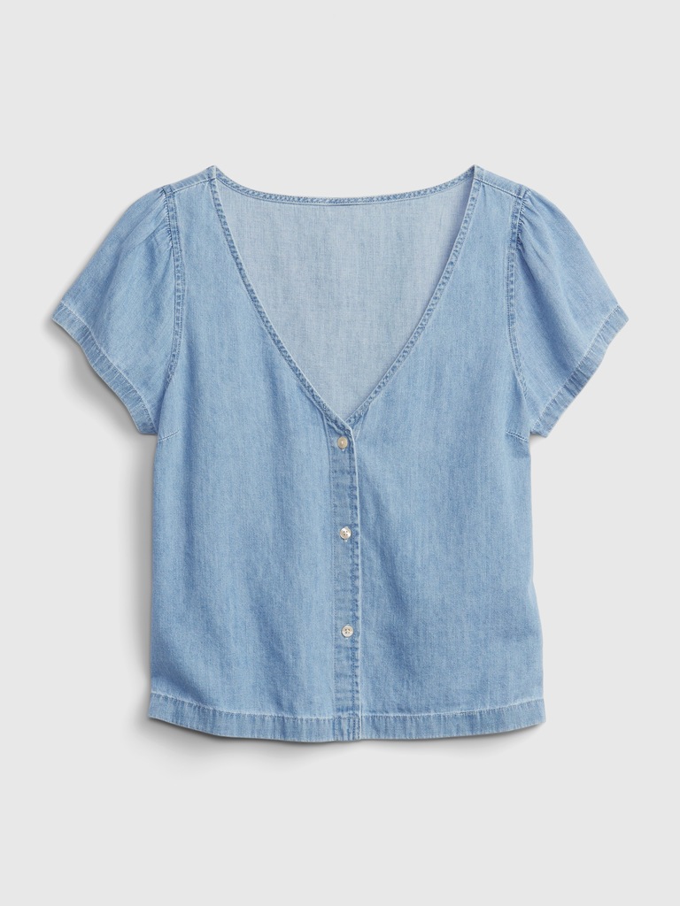Denim V-Neck Button-Front Shirt with Washwell