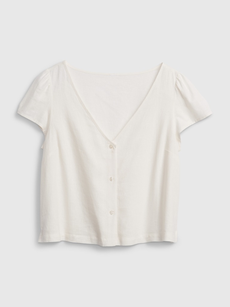 Linen Blend V-Neck Button-Front Shirt