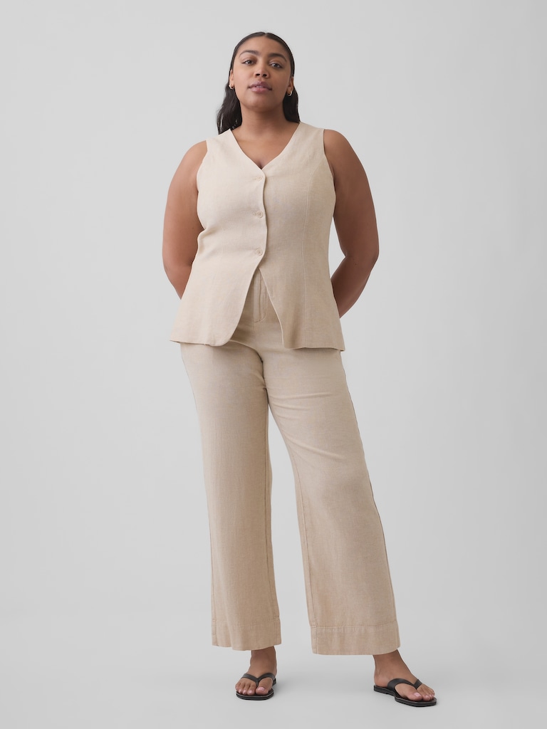 High Rise Linen-Blend Straight Crop Pants