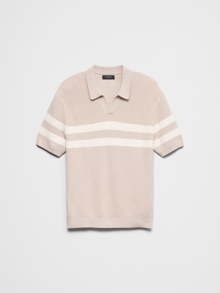 Striped Johnny-Collar Polo Sweater