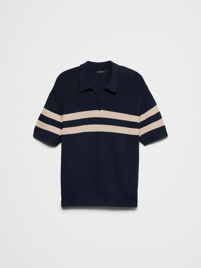 Striped Johnny-Collar Polo Sweater