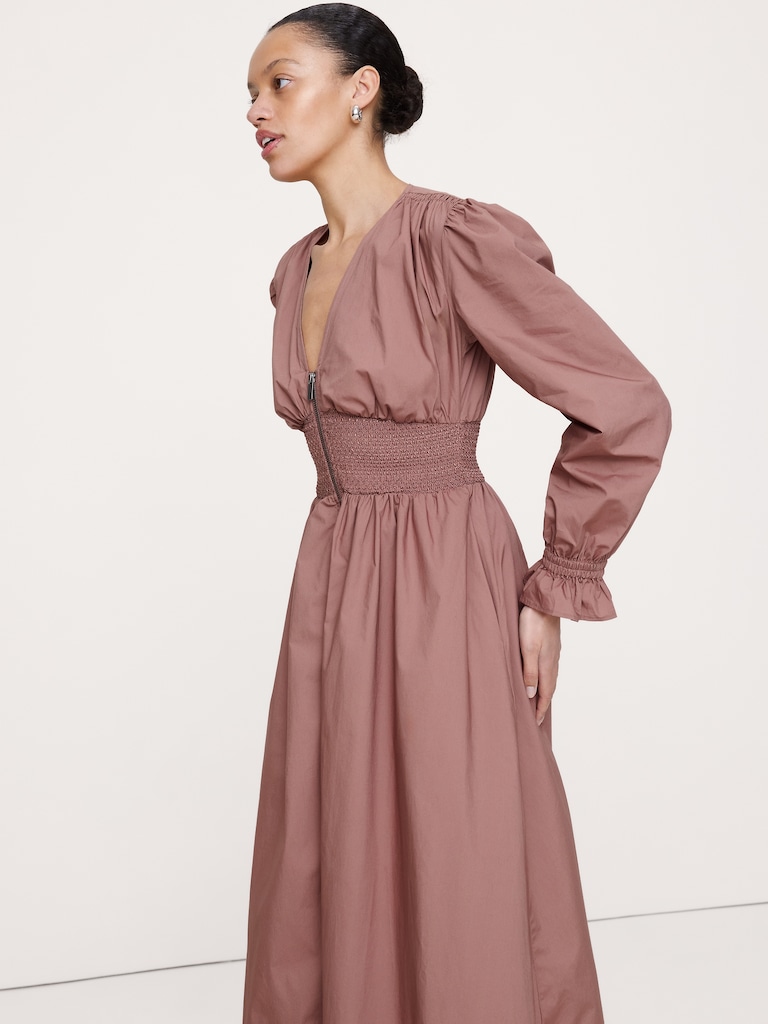 Cotton Poplin Smocked-Waist Maxi Dress
