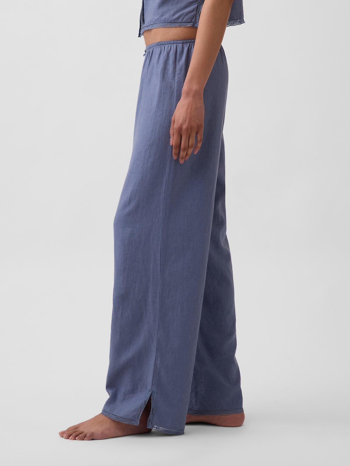 Linen-Blend Lace-Hem PJ Pants