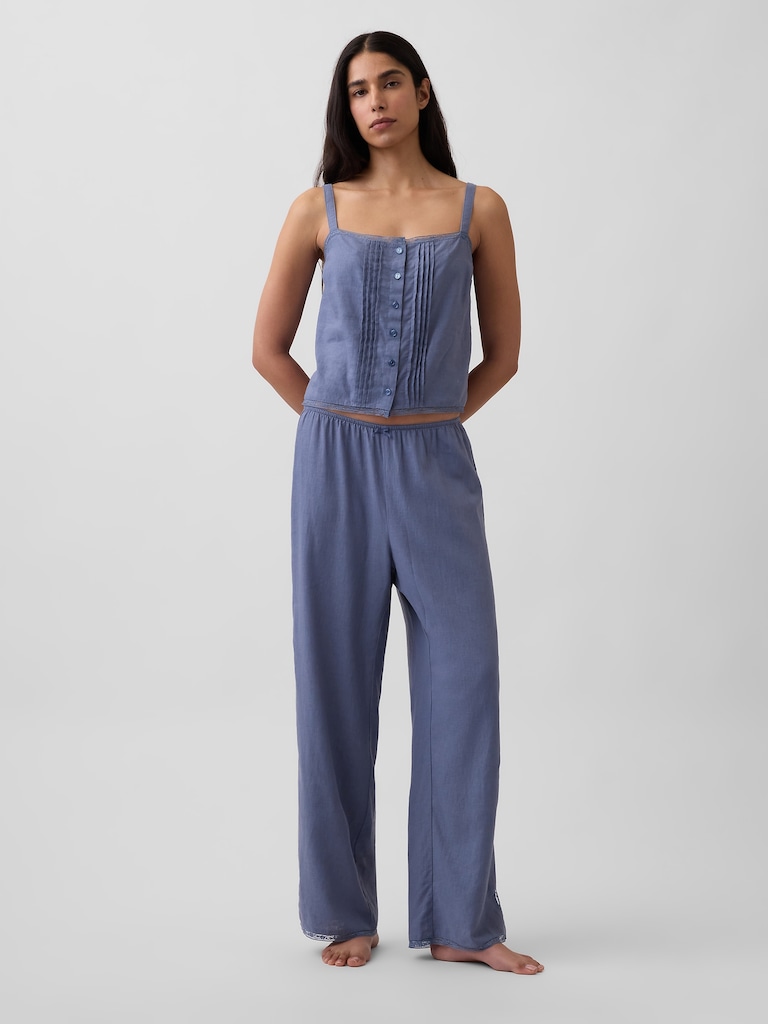 Linen-Blend Pintuck Crop PJ Tank Top