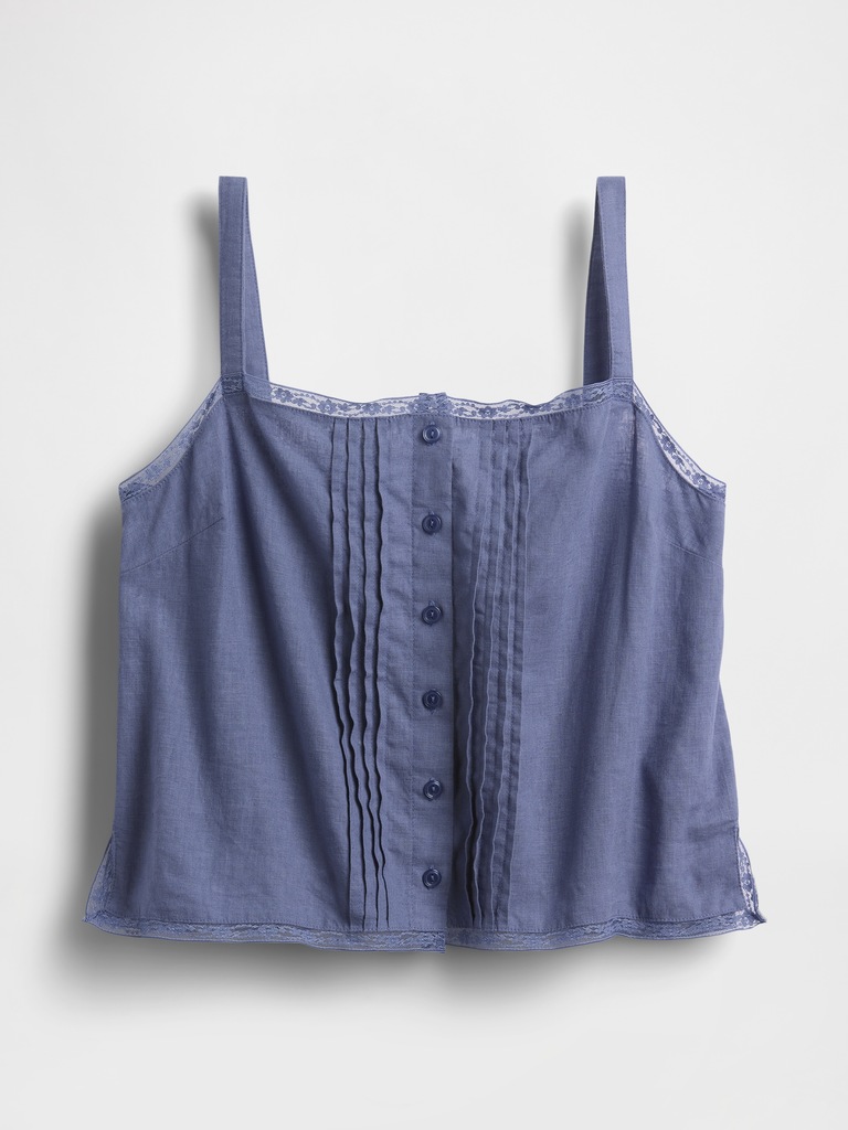 Linen-Blend Pintuck Crop PJ Tank Top