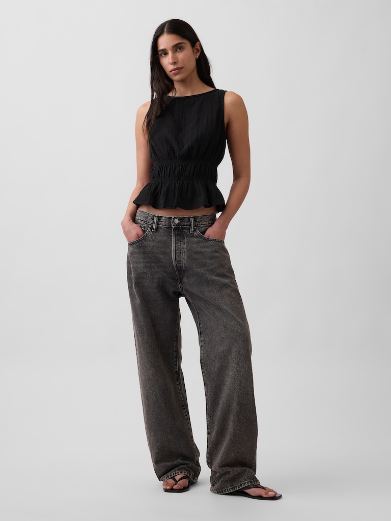 Cotton Gauze Smocked-Waist Peplum Top