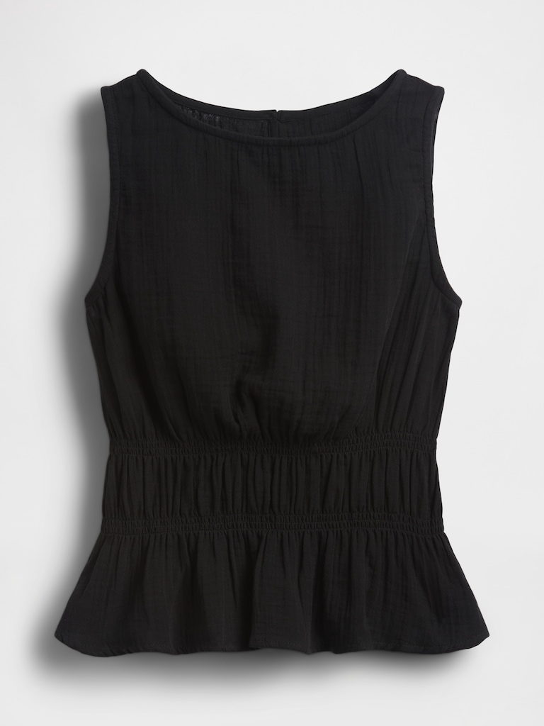 Cotton Gauze Smocked-Waist Peplum Top