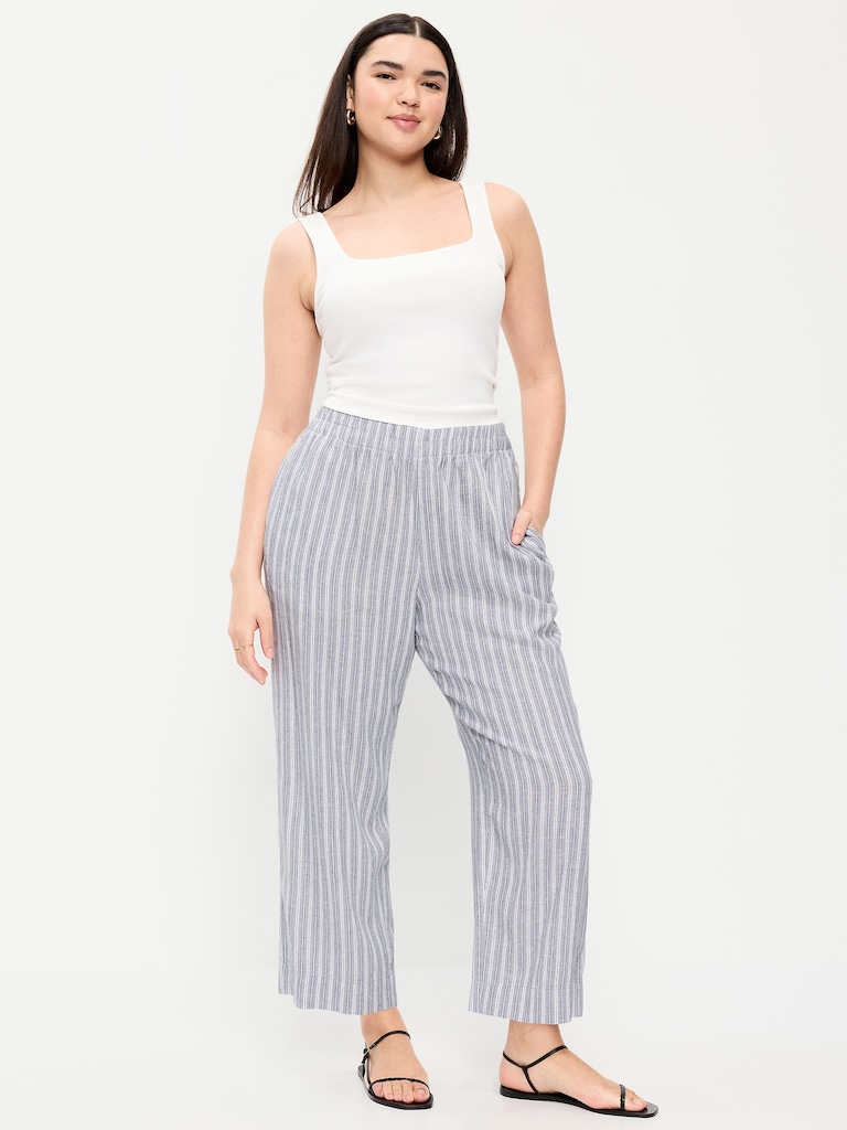 High-Waisted Linen-Blend Straight Ankle Pants