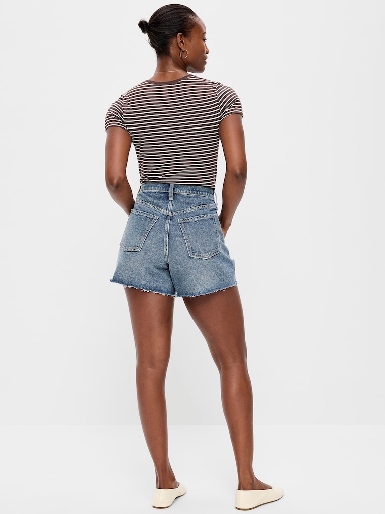 Curvy High-Waisted Baggy Jean Cut-Off Shorts -- 5-inch inseam