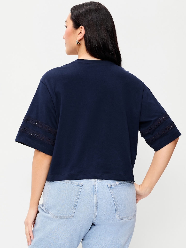 Vintage Crew-Neck Cropped Lace-Trim T-Shirt