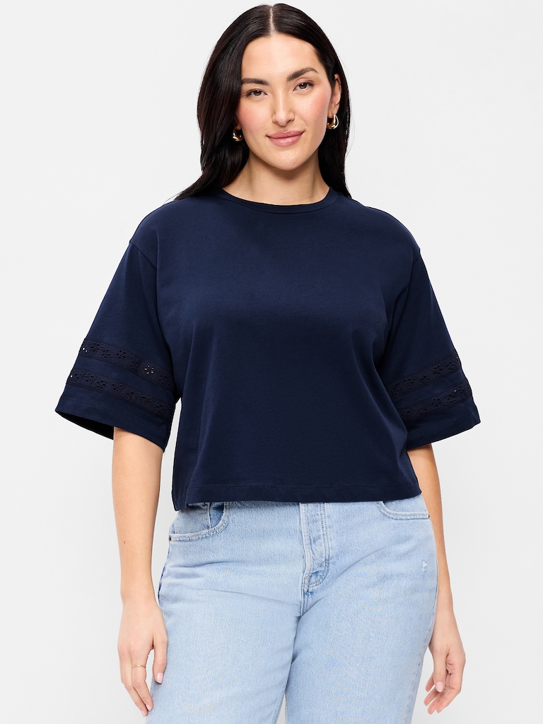 Vintage Crew-Neck Cropped Lace-Trim T-Shirt