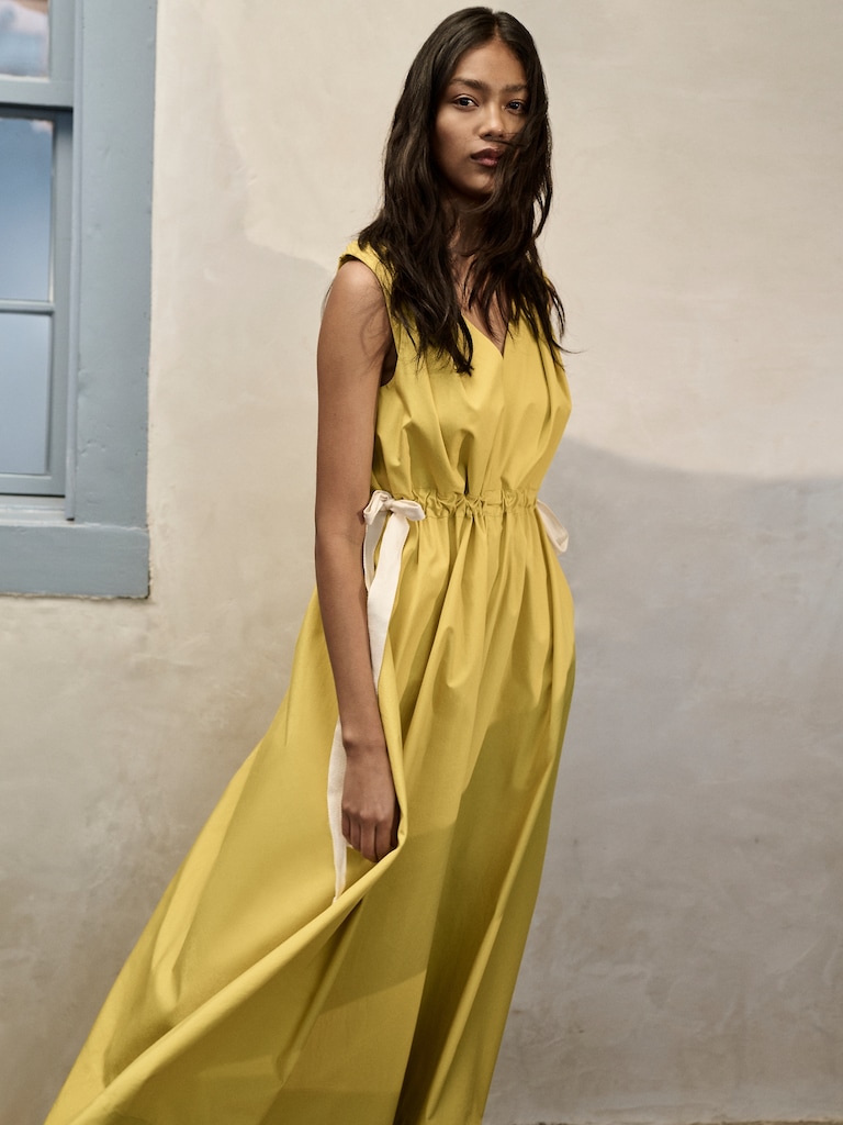 Twisted Shoulder Poplin Maxi Dress
