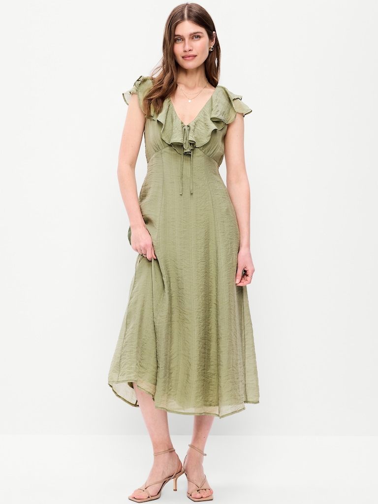 Ruffle-Sleeve Fit & Flare Midi Dress