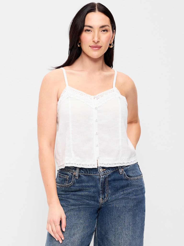 Lace-Trim Linen-Blend Cami Tank Top