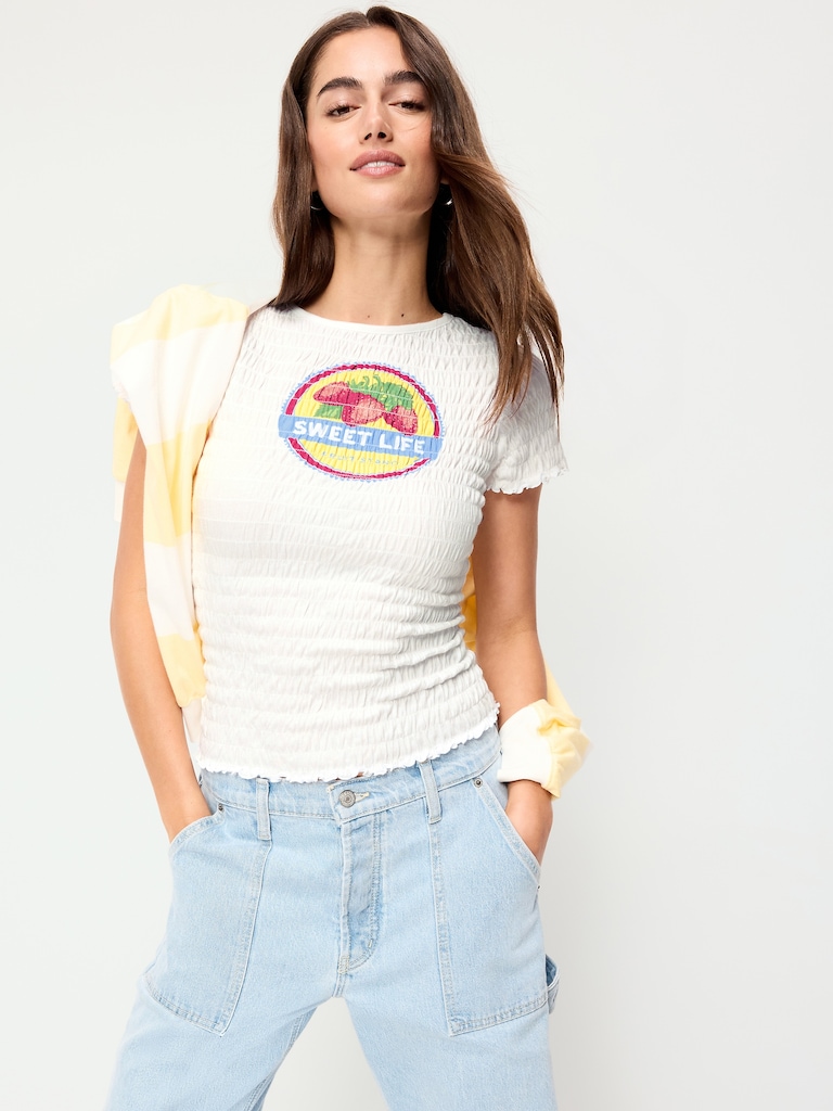 Slit-Neck Smocked Graphic Top