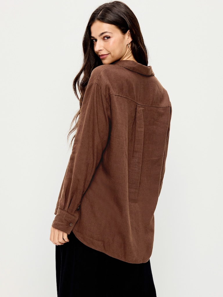 Linen-Blend Loose Button-Down Shirt