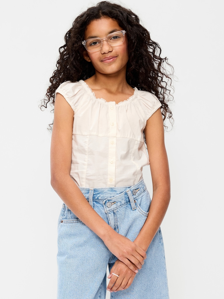 Fitted Button-Front Poplin Top for Girls