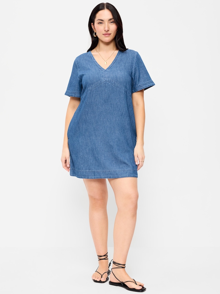 Short-Sleeve Denim Mini Shift Dress