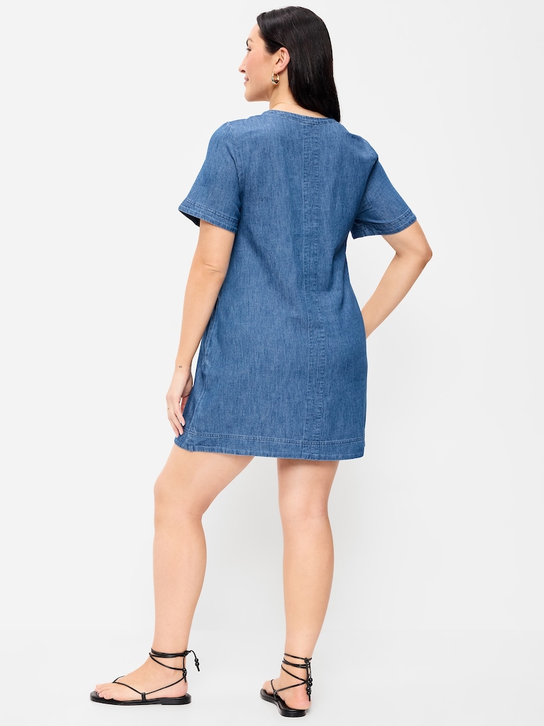 Short-Sleeve Denim Mini Shift Dress