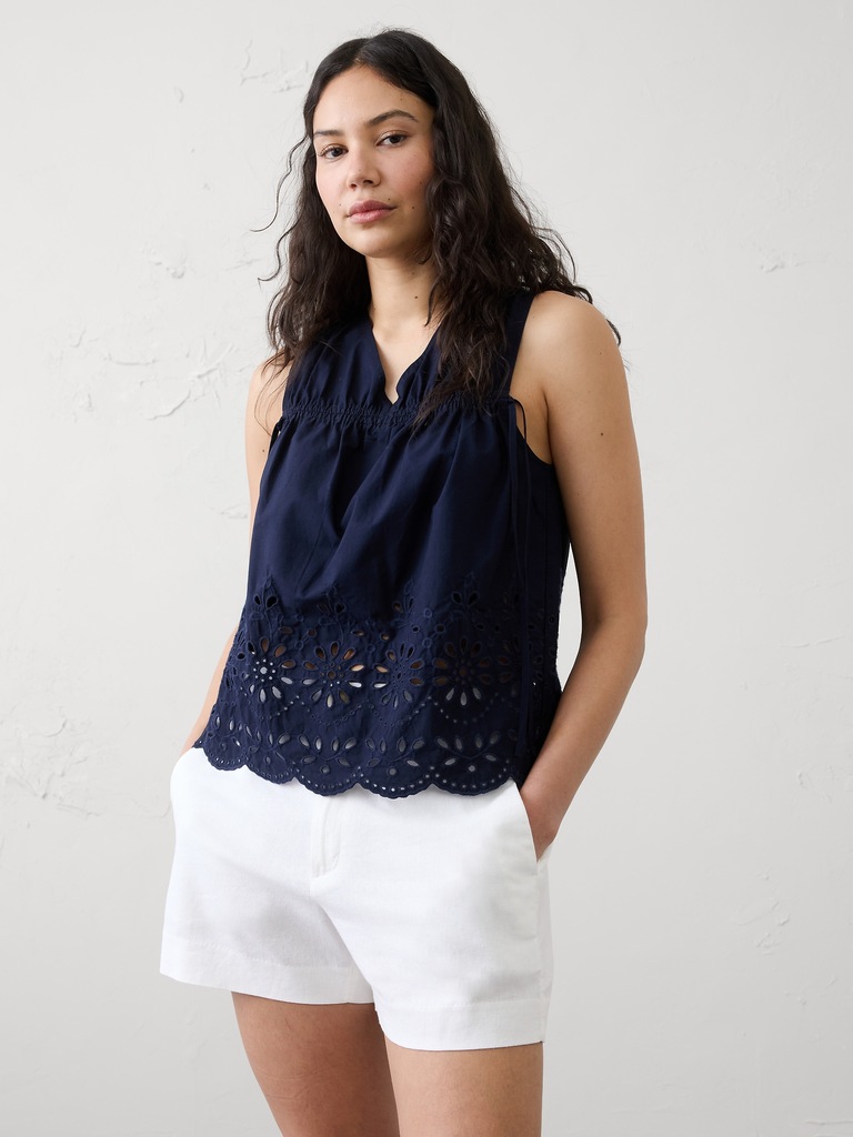 Poplin Cinched-Ties Eyelet Top