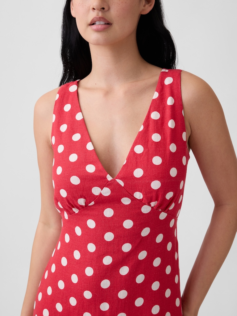 Linen-Blend V-Neck Midi Dress