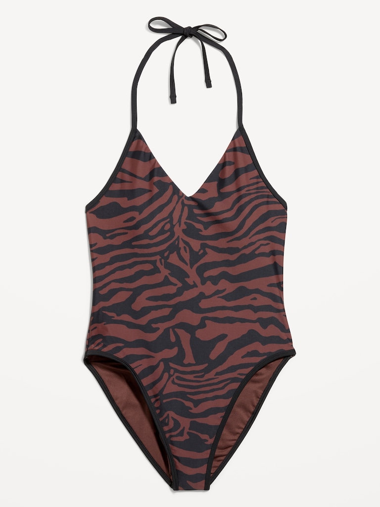 Pique V-Neck Halter Swimsuit
