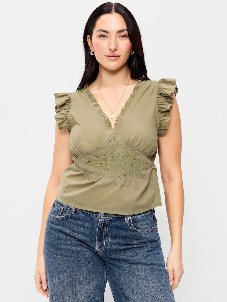 Flutter-Sleeve Emboirdered Top