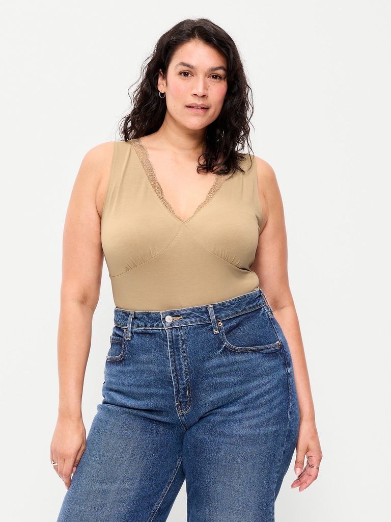 Sleeveless Lace-Trim V-Neck Ribbed Top